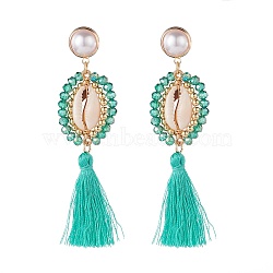 Beads Wire Wrap Long Dangle Stud Earring, Natural Shell with Polyester Tassel Drop Earrings for Women, Golden, Medium Aquamarine, 85mm, Pin: 0.9mm(EJEW-TA00039-04)