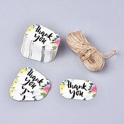 Floral Pattern Paper Gift Tags, Hang Tags, with Jute Twine, for Wedding Thanksgiving, Oval with Word Thank You, White, 5x3x0.05cm, Hole: 3mm; 50pcs/set(CDIS-K002-F01)
