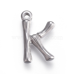 304 Stainless Steel Pendants, Bamboo Shaped Letter, Stainless Steel Color, Letter.K, 19x12x3mm, Hole: 1.6mm(STAS-I117-14F-P)