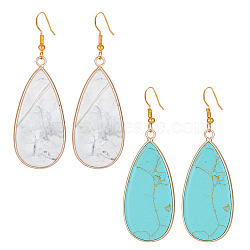 ANATTASOUL 2 Pairs 2 Style Synthetic Turquoise & Natural Howlite Teardrop Dangle Earrings, Light Gold Alloy Jewelry for Women, 63mm, Pin: 0.5mm, 1 Pair/style(EJEW-AN0002-33)