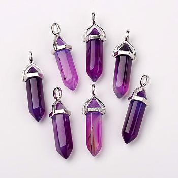 Natural Agate Double Terminated Pointed Pendants, with Random Alloy Pendant Hexagon Bead Cap Bails, Bullet, Platinum, 37~40x12mm, Hole: 3mm