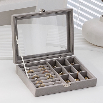 Rectangle Velvet Jewelry Organizer Boxes, Clear Visible Window Case for Rings, Earrings, Necklaces, Dark Gray, 20x15x5cm