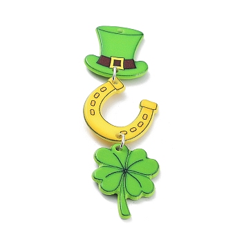 Saint Patrick's Day Theme Acrylic Big Pendants, with Iron Finding, Hat Clover with Horseshoe, Lime Green, 73x24x2.5mm, Hole: 1.8mm