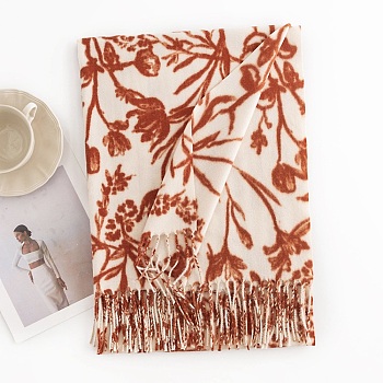 Polyester Neck Warmer Scarf, Winter Scarf, Flower Pattern Tassel Wrap Scarf, Floral White, 180x69mm