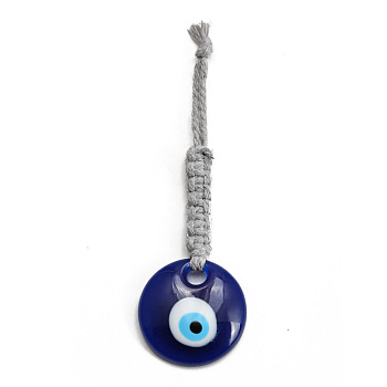 Flat Round with Evil Eye Resin Pendant Decorations, Cotton Cord Braided Hanging Ornament, Prussian Blue, 125mm