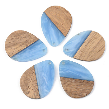 Opaque Resin & Walnut Wood Pendants, Teardrop, Cornflower Blue, 35.5x26x3mm, Hole: 2mm