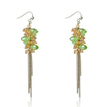 Fashion Glass Cluster Tassel Earrings, with Iron Chains and Brass Earring Hooks, Light Green, 95x20mm