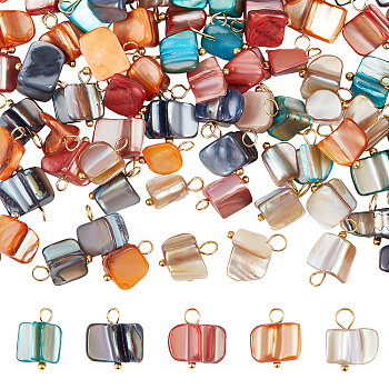 AHADERMAKER 100Pcs 5 Colors Natural Dyed Shell Charms, with Golden Tone Brass Loops, Irregular Shapes, Mixed Color, 13~14x7~13x5~10.5mm, Hole: 3~3.5mm, 20pcs/color