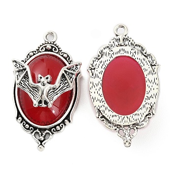 Halloween Alloy Oval Pendants, Bat Charms with Resin, Antique Silver, Red, 42.5x23.5x10mm, Hole: 2.2mm