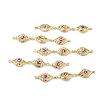 Brass Micro Pave Clear Cubic Zirconia Connector Charms, with Enamel, 3 Evil Eye Links, Real 18K Gold Plated, Red, 63x10x3.8mm, Hole: 1.4mm