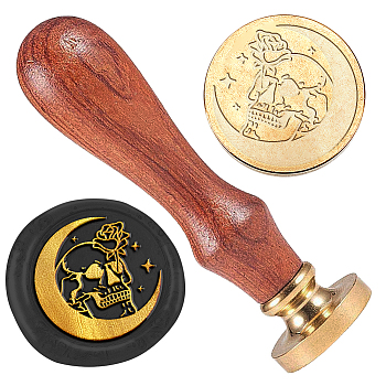 Wax Seal Stamp Set, 1Pc Golden Tone Sealing Wax Stamp Solid Brass Head, with 1Pc Wood Handle, for Envelopes Invitations, Gift Card, Skull, 83x22mm