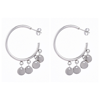 304 Stainless Steel Dangle Stud Earrings, Half Hoop Earrings, with Ear Nuts, Flat Round, Stainless Steel Color, 32x33.5x2mm, Pin: 0.7mm