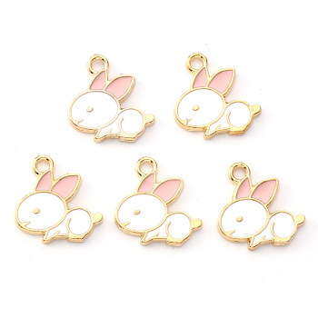 Light Gold Plated Alloy Enamel Pendants, Rabbit, Pink and White, 16x15.5x1.5mm, Hole: 1.8mm