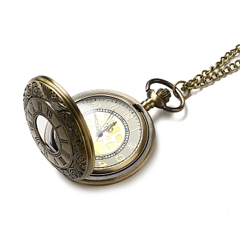 Alloy Glass Pendant Pocket Necklace, Electronic Watches, with Iron Chains and Lobster Claw Clasps, Flat Round, Antique Bronze, 18-1/8 inch(46cm), watches: 60x47x15mm