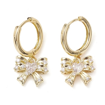 Bowknot Brass Dangle Hoop Earrings, with Clear Cubic Zirconia, Long-Lasting Plated, Lead Free & Cadmium Free, Real 18K Gold Plated, 24.5x12mm