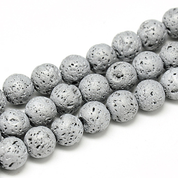 Electroplate Natural Lava Rock Beads Strands, Matte Style, Round, Platinum Plated, 6~7mm, Hole: 1mm, about 60pcs/strand, 14.7~15.1 inch