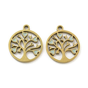 Ion Plating(IP) 316L Surgical Stainless Steel Pendants, with Enamel, Real 18K Gold Plated, Tree of Life Charm, Light Blue, 17x15x1.5mm, Hole: 1.7mm