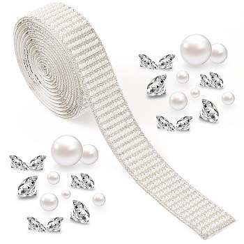 CRAFTDADY Hotfix Rhinestone, with Acrylic Imitation Pearl and Rhinestone Trimming, Crystal Glass Sewing Trim Rhinestone Tape, Costume Accessories, Crystal, 30x3mm, 2m/bundle