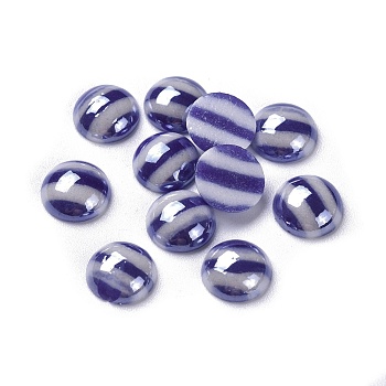 Opaque Glass Cabochons, Stripe Pattern, Half Round, Dark Blue, 9.5~10x3.5mm