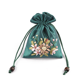 Flower Pattern Satin Jewelry Packing Pouches, Drawstring Gift Bags, Rectangle, Teal, 14x10.5cm