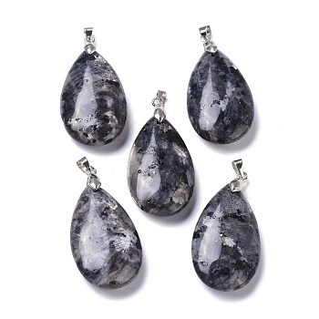 Natural Larvikite Pendants, with Brass Finding, Teardrop, 35x20x7.5~9mm, Hole: 4x3.5mm