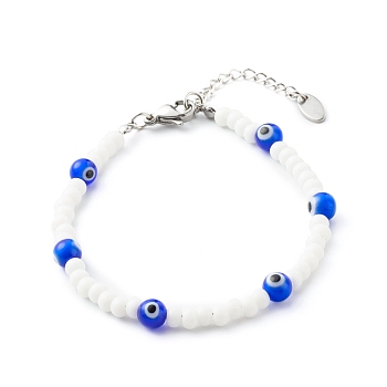 Round Glass Beaded Bracelet, with Evil Eye Lampwork Beads, Blue, 7-1/4 inch(18.5cm)