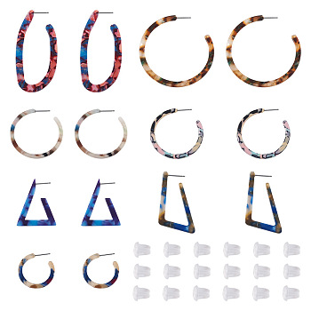 Pet 8Pair 7 Style Cellulose Acetate Half Hoop Earrings, Large C-shape & Triangle & Trapezoid & Oval Stud Earrings for Women, with 20Pcs Plastic Ear Nut, Mixed Color, 28~64.5x2.5~3mm, Pin: 0.7mm