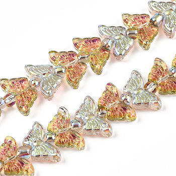 Electroplate Glass Beads Strands, Butterfly, Orange, 7.5~8x14.5~15x4mm, Hole: 0.8mm, about 66~69pcs/strand, 23.23~24.41 inch(59~62cm), Beads: 3x4mm, Hole: 1mm