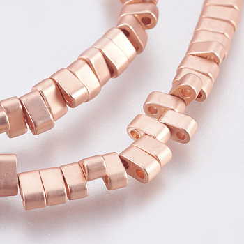 Electroplated Synthetic Non-magnetic Hematite 2-Hole Beads Strands, Grade AA, Rectangle, Long-Lasting Plated, Frosted, Rose Gold Plated, 4.5x2x2.5mm, Hole: 1mm, about 181pcs/strand, 16.30''(41.4cm)