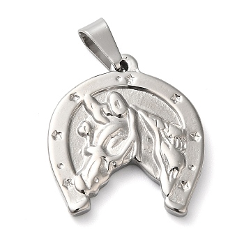 Non-Tarnish 304 Stainless Steel Pendants, Horseshoe with Horse Charms, Stainless Steel Color, 23x22x3mm, Hole: 6.5x3mm