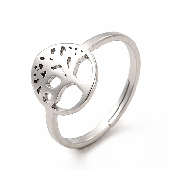 304 Stainless Steel Tree of Life Adjustable Ring for Women, Stainless Steel Color, US Size 6(16.5mm)