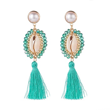 Beads Wire Wrap Long Dangle Stud Earring, Natural Shell with Polyester Tassel Drop Earrings for Women, Golden, Medium Aquamarine, 85mm, Pin: 0.9mm