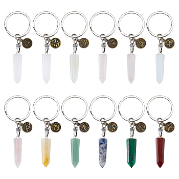 CHGCRAFT 12Pcs Mixed Gemstone Keychain, with Alloy Pendants, Iron Split Key Rings and 304 Stainless Steel Jump Rings, 8.4cm, 12pcs/set