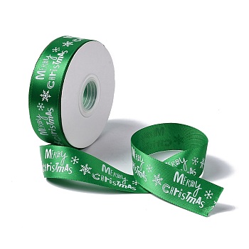 25 Yards Christmas Theme Printed Polyester Ribbon, for DIY Jewelry Making, Flat, Green, 1- inch(25.5mm)