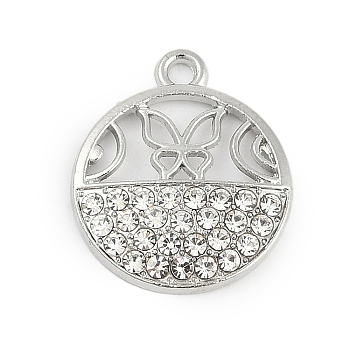 Alloy Micro Pave Rhinestone Pendants, Flat Round, Hollow Butterfly, Platinum, 20x17x3mm, Hole: 1.8mm