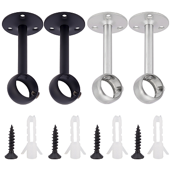 AHADEMAKER 4 Sets 2 Colors 201 Stainless Steel Curtain Rod Ceiling-Mount Brackets, with Iron Screws & Plastic Anchor Plug, Electrophoresis Black & Stainless Steel Color, 98x46mm, Hole: 4.5mm, Inner Diameter: 26mm, 2 sets/color