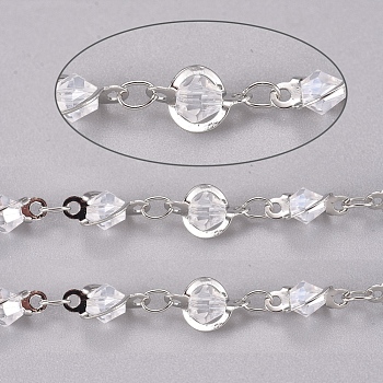 3.28 Feet Handmade Glass Beaded Chains, with Long-Lasting Plated Brass Links, Soldered, Clear, Platinum, 10x6~6.5x4mm