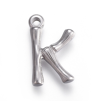 304 Stainless Steel Pendants, Bamboo Shaped Letter, Stainless Steel Color, Letter.K, 19x12x3mm, Hole: 1.6mm