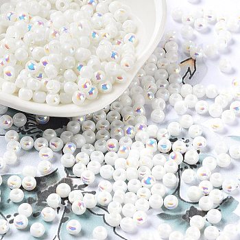 Glass Seed Beads, Half Plated, Opaque Colours Rainbow, Round Hole, Round, White, 4x3mm, Hole: 1.2mm, about 166pcs/10g