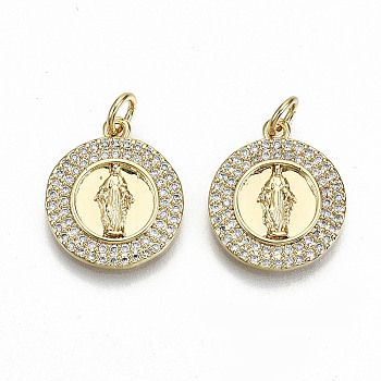 Brass Micro Pave Clear Cubic Zirconia Pendants, with Jump Rings, Nickel Free, Flat Round with Goddess, Real 16K Gold Plated, 17.5x15x2mm, jump ring: 5x0.8mm, 3.4mm inner diameter