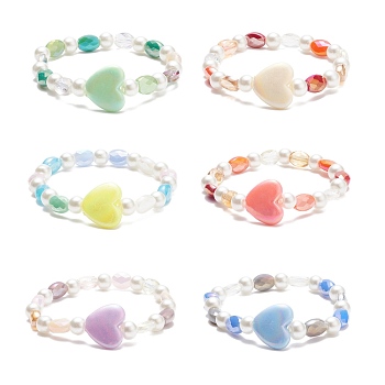 Acrylic Heart & Glass Pearl Beaded Stretch Bracelet for Kids, Mixed Color, Inner Diameter: 1-3/4 inch(4.6~5.1cm)