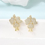 Brass Micro Pave Cubic Zirconia Stud Earrings for Women, Flower, Real 18K Gold Plated, 20x16mm(EJEW-F422-02G)