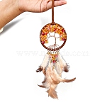 Wrapped Tree of Life Glass Pendant Decorations, Iron Woven Web/Net with Feather Car Hanging Decorations, Orange, 390mm(PW-WG23522-01)