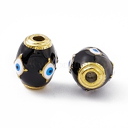 Vacuum Plating 201 Stainless Steel Beads, with Enamel, Real 18K Gold Plated, Barrel with Evil Eye, Black, 14.5x11x11mm, Hole: 3mm(STAS-J401-VC854)