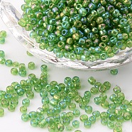 8/0 Round Glass Seed Beads, Transparent Colours Rainbow, Round Hole, Dark Green, 8/0, 3mm, Hole: 1mm, about 1111pcs/50g, 50g/bag, 18bags/2pounds(SEED-US0003-3mm-167)