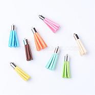 Faux Suede Tassel Pendant Decorations, with Brass Cord Ends, Platinum, Mixed Color, 33~34x7mm, Hole: 2mm(FIND-T004-A)