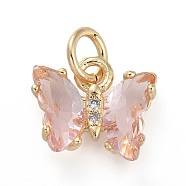Brass Micro Pave Clear Cubic Zirconia Pendant, with Glass, Butterfly, Golden, Misty Rose, 12.5mm(ZIRC-P079-B01-13)