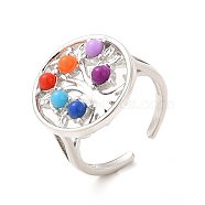 Colorful Resin Beaded Tree of Life Open Cuff Ring, Brass Jewelry for Women, Platinum, US Size 6 3/4(17.1mm)(RJEW-G274-02P)