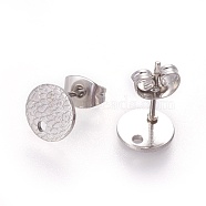 304 Stainless Steel Ear Stud Findings, with Ear Nuts/Earring Backs and Hole, Textured Flat Round with Spot Lines, Stainless Steel Color, 8mm, Hole: 1.2mm, Pin: 0.8mm(STAS-O119-15B-P)