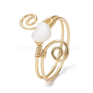 Natural Shell Cuff Ring, Real 18K Gold Plated Copper Wire Wrapped Vortex Finger Ring, Heart, Inner Diameter: 19mm(RJEW-JR00645-02)